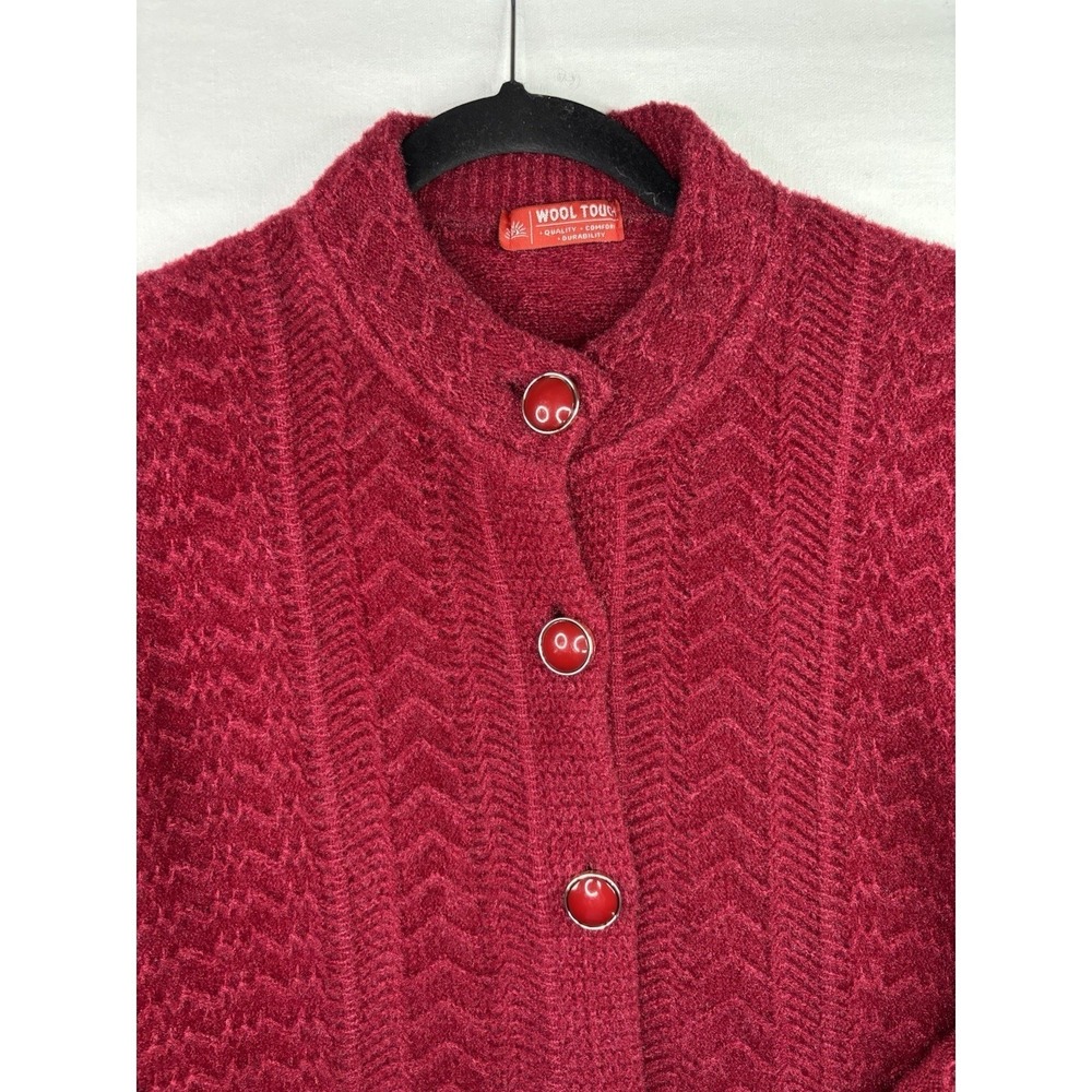 Womens M Wool Touch Cardigan Sweater Burgundy Red Longline Knit Mock Neck Vtg